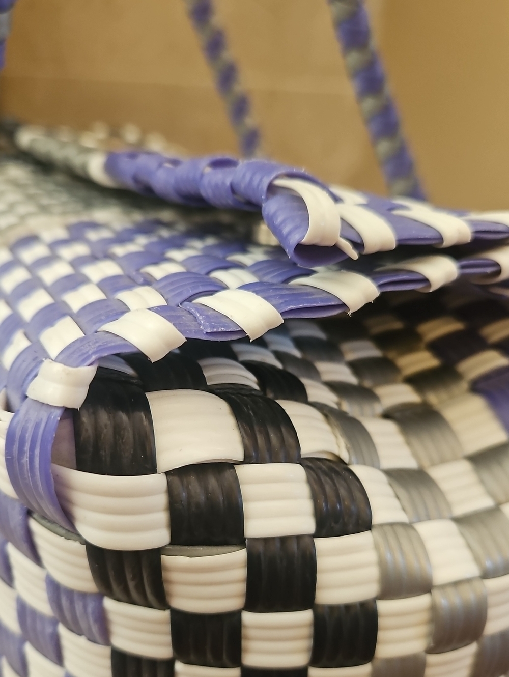 Woven Checker Tote Bag in Blue, Gray & Black - Picture 7 of 16